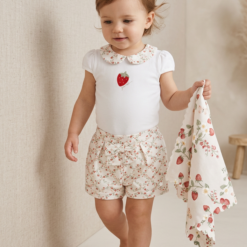 Conjunto Bebê Body Gola Boneca e Short Moranguinhos Creme