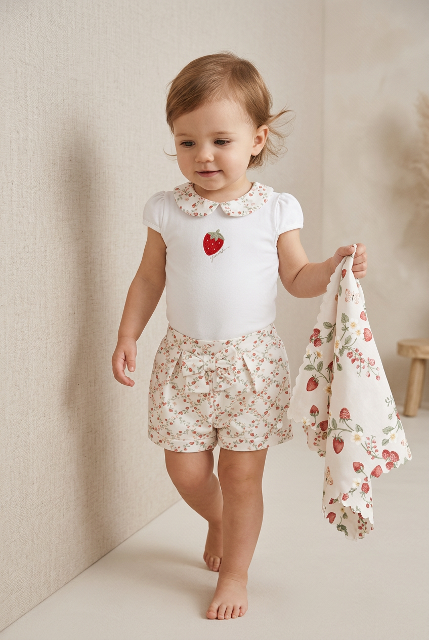 Conjunto Bebê Body Gola Boneca e Short Moranguinhos Creme