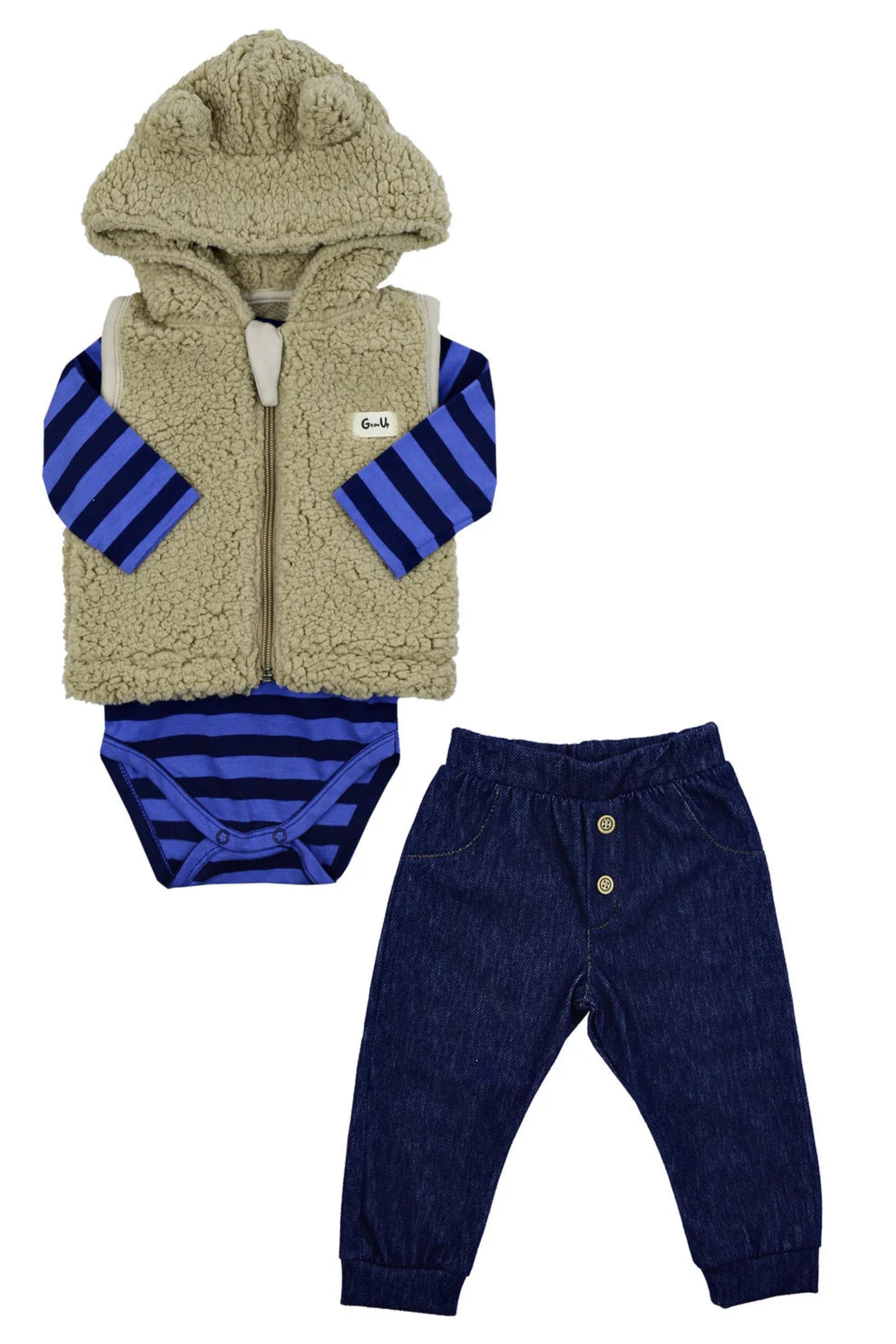 Conjunto Infantil Inverno 3 Peças Colete Peluciado Body Listrado e Calça Jeans — foto 3