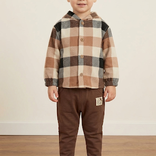 Conjunto Infantil Jaqueta Xadrez e Calça em Molecotton Castanho — foto 1
