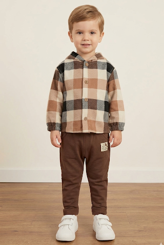 Conjunto Infantil Jaqueta Xadrez e Calça em Molecotton Castanho — foto 1