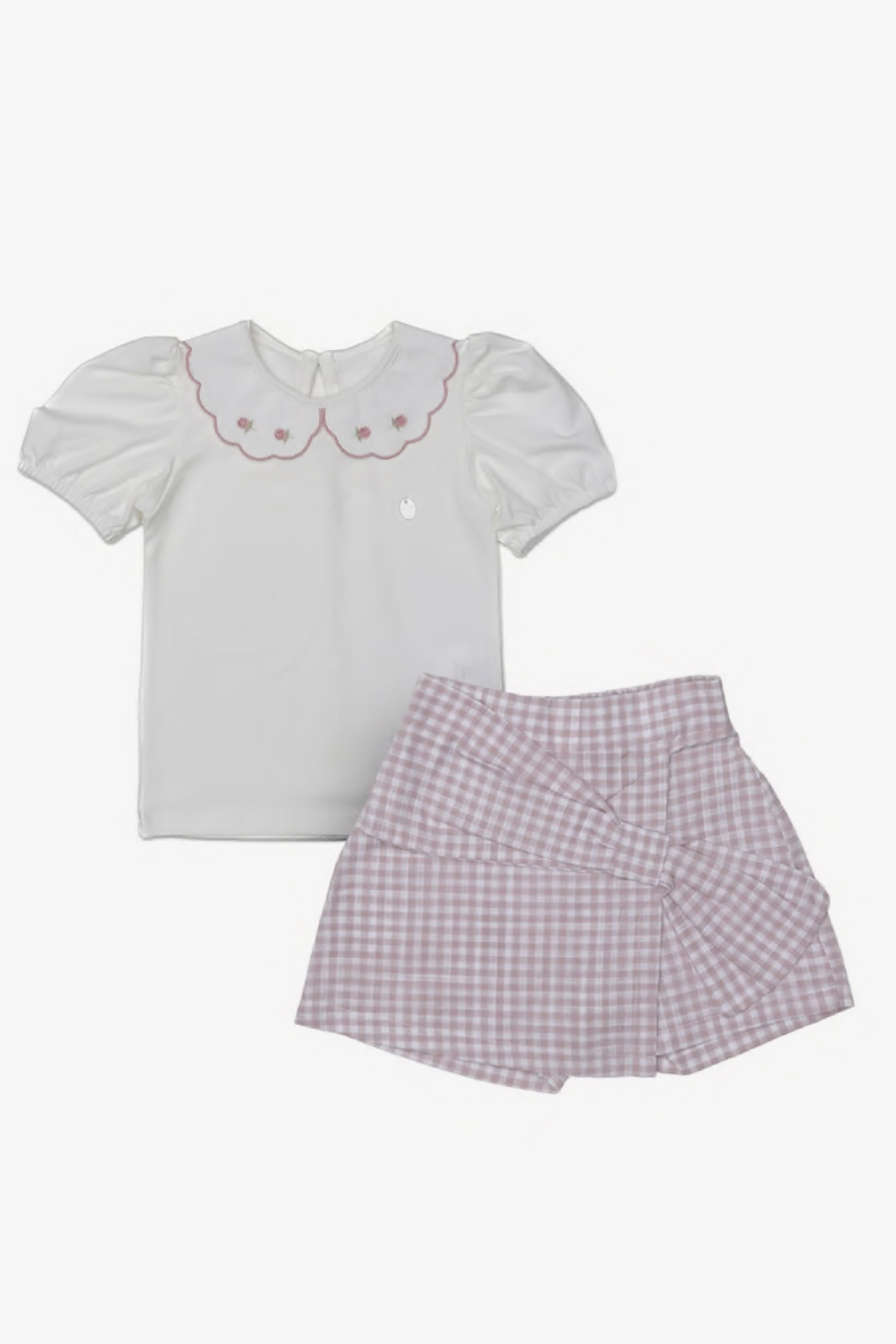 Conjunto Infantil Shorts Saia e Gola Bordada Vichy Rosa