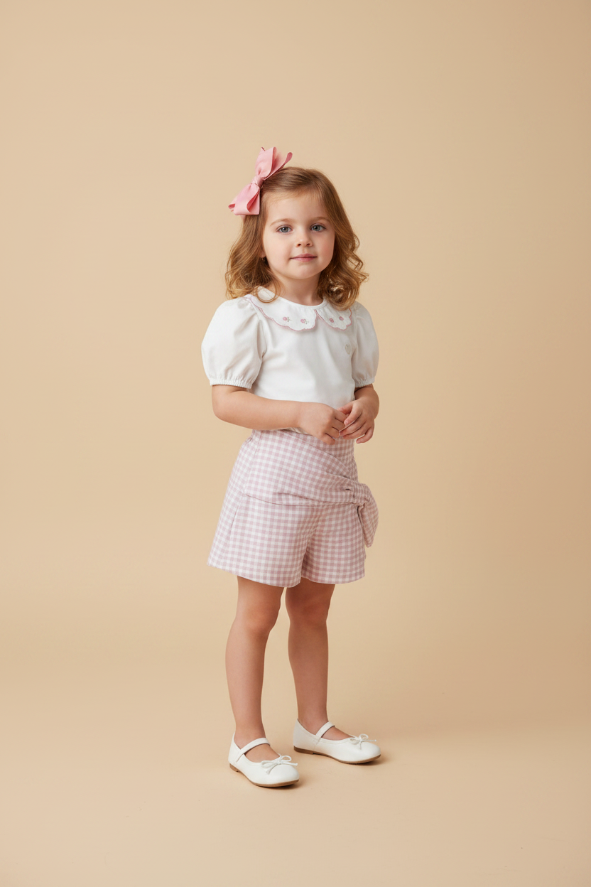 Conjunto Infantil Shorts Saia e Gola Bordada Vichy Rosa