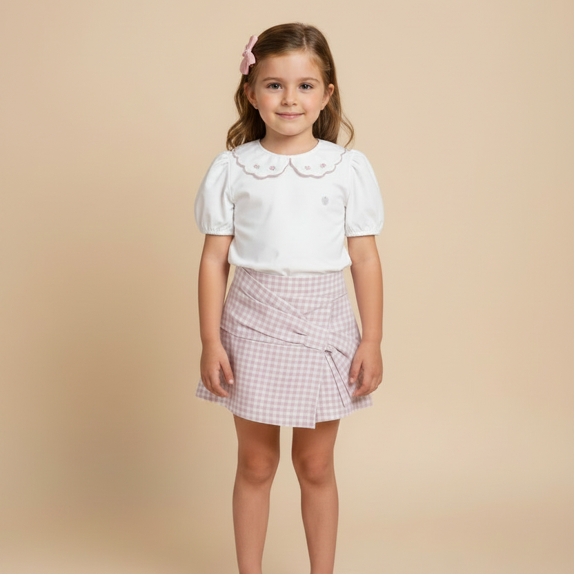 Conjunto Infantil Shorts Saia e Gola Bordada Vichy Rosa
