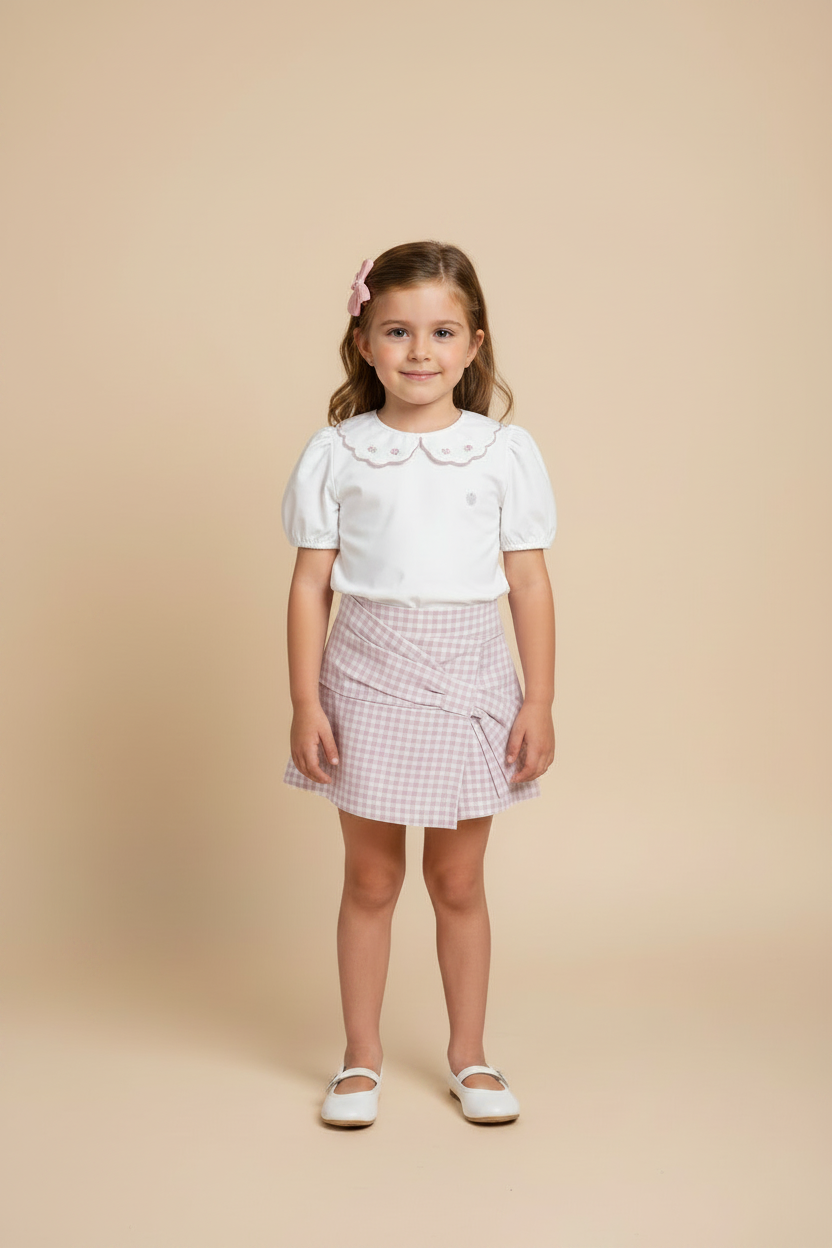 Conjunto Infantil Shorts Saia e Gola Bordada Vichy Rosa
