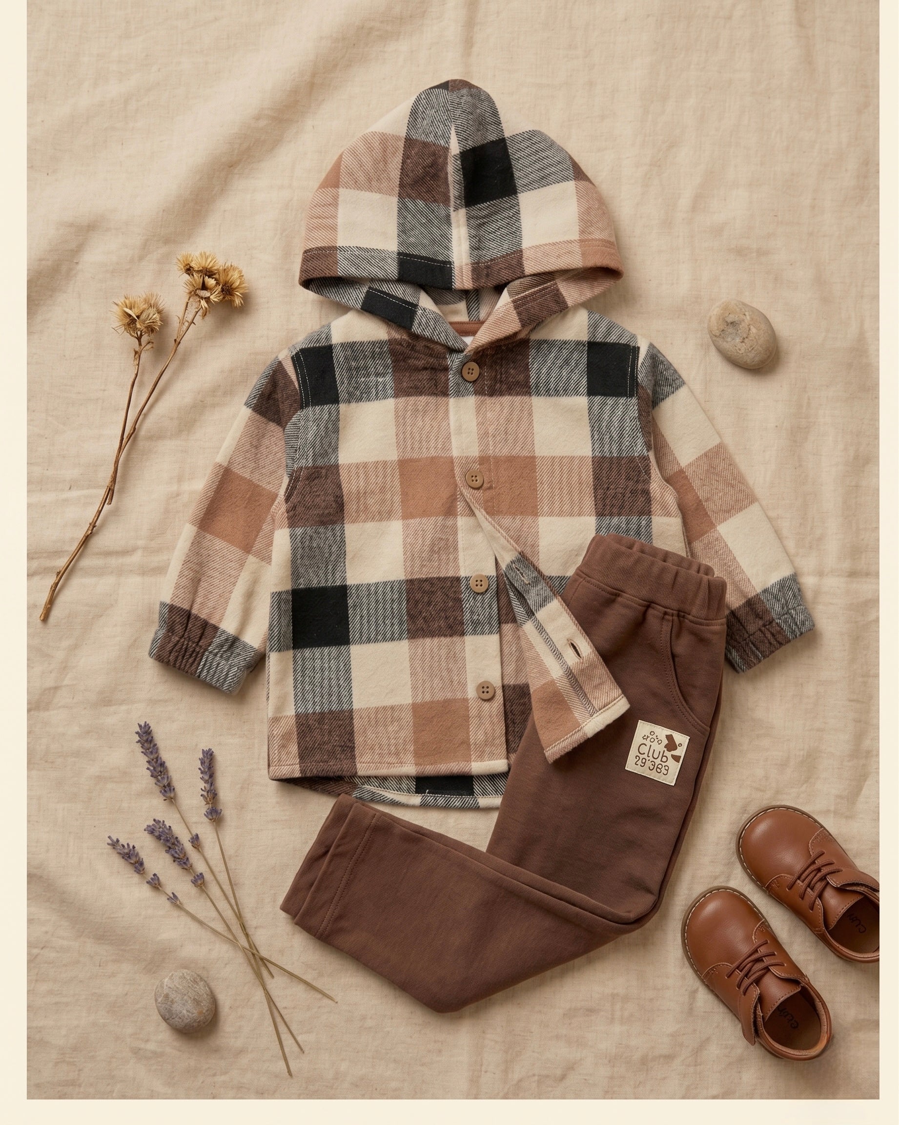 Conjunto Infantil Jaqueta Xadrez e Calça em Molecotton Castanho — foto 2