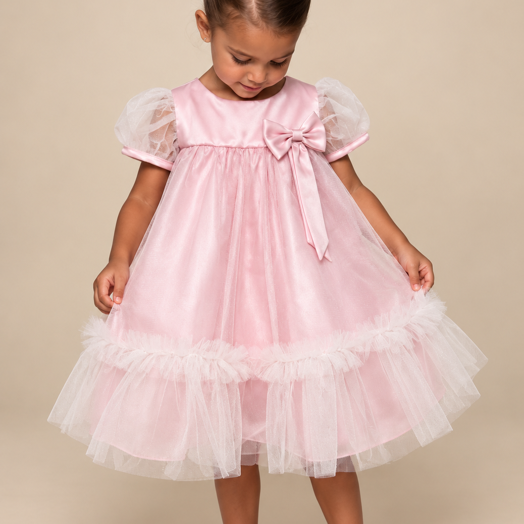 Vestido de Festa Infantil Trapézio Tule Rosa
