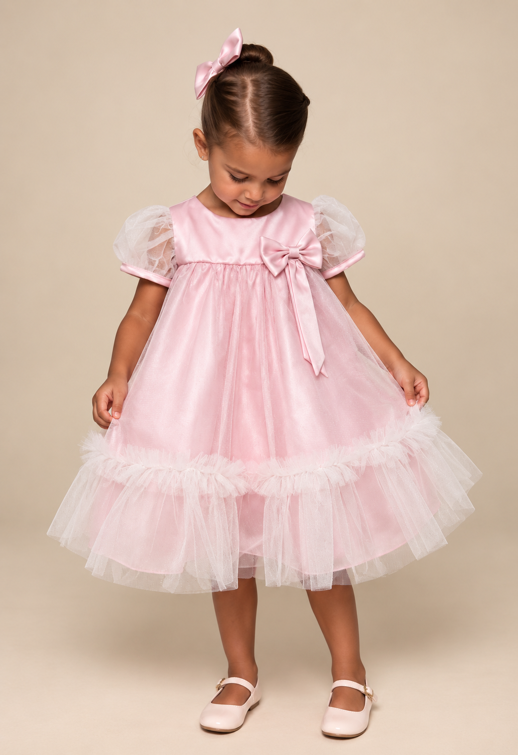 Vestido de Festa Infantil Trapézio Tule Rosa