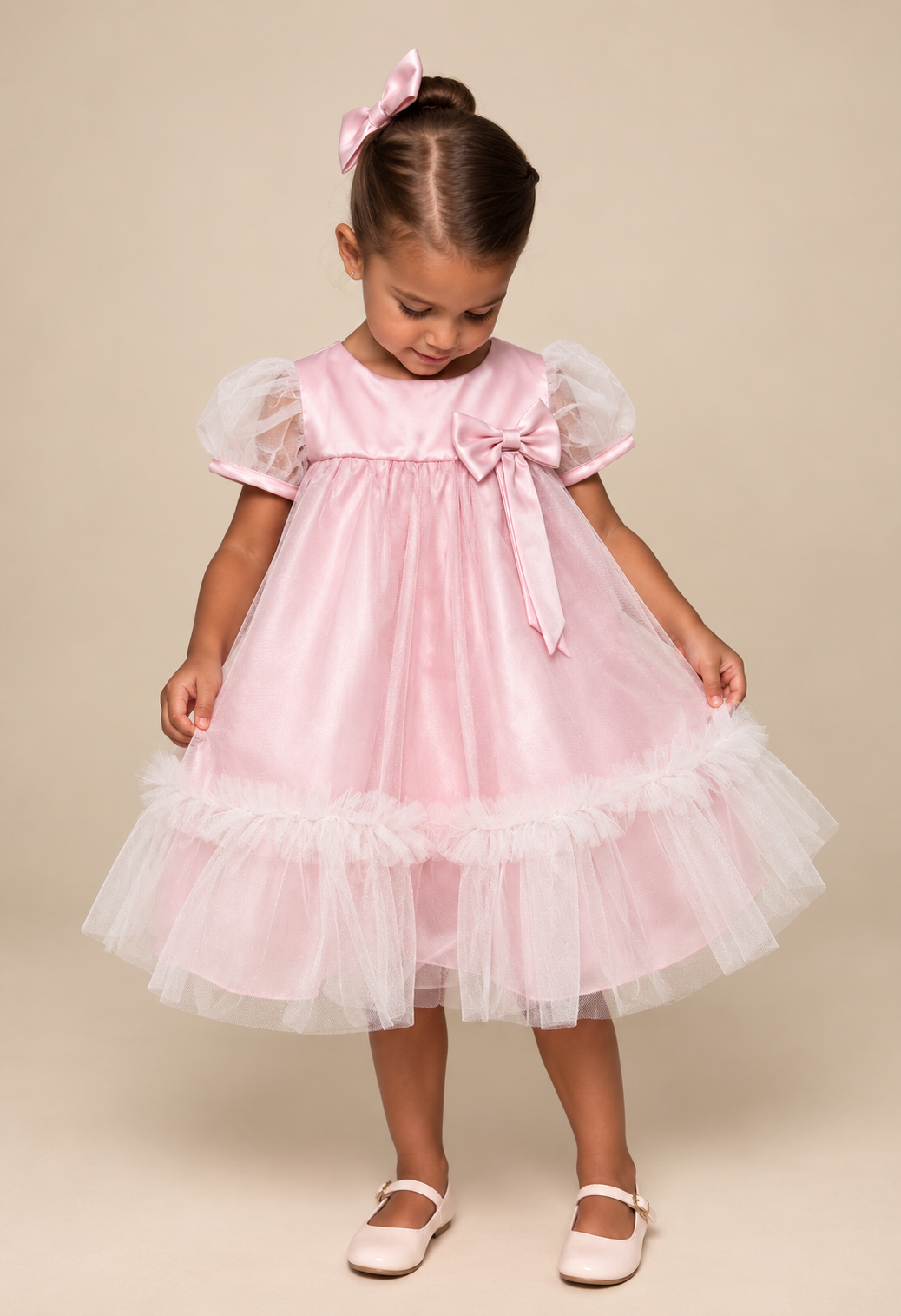 Vestido de Festa Infantil Trapézio Tule Rosa