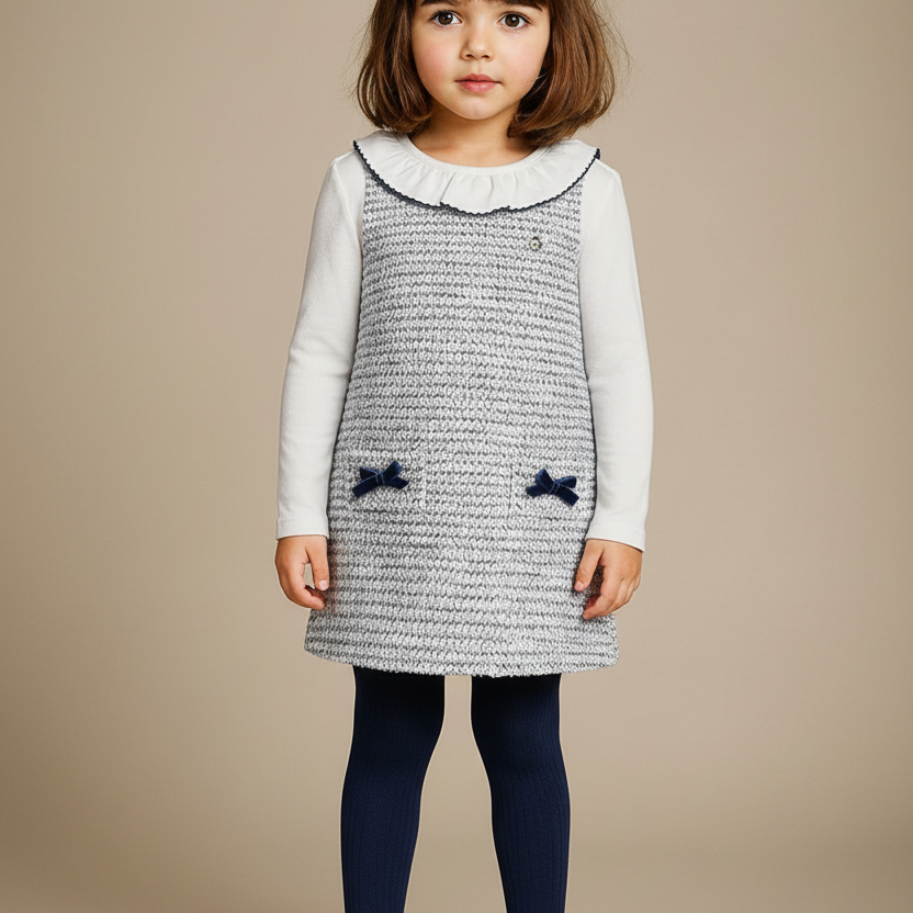 Vestido Infantil em Malha Tweed e Suedine com Laços em Veludo — foto 1