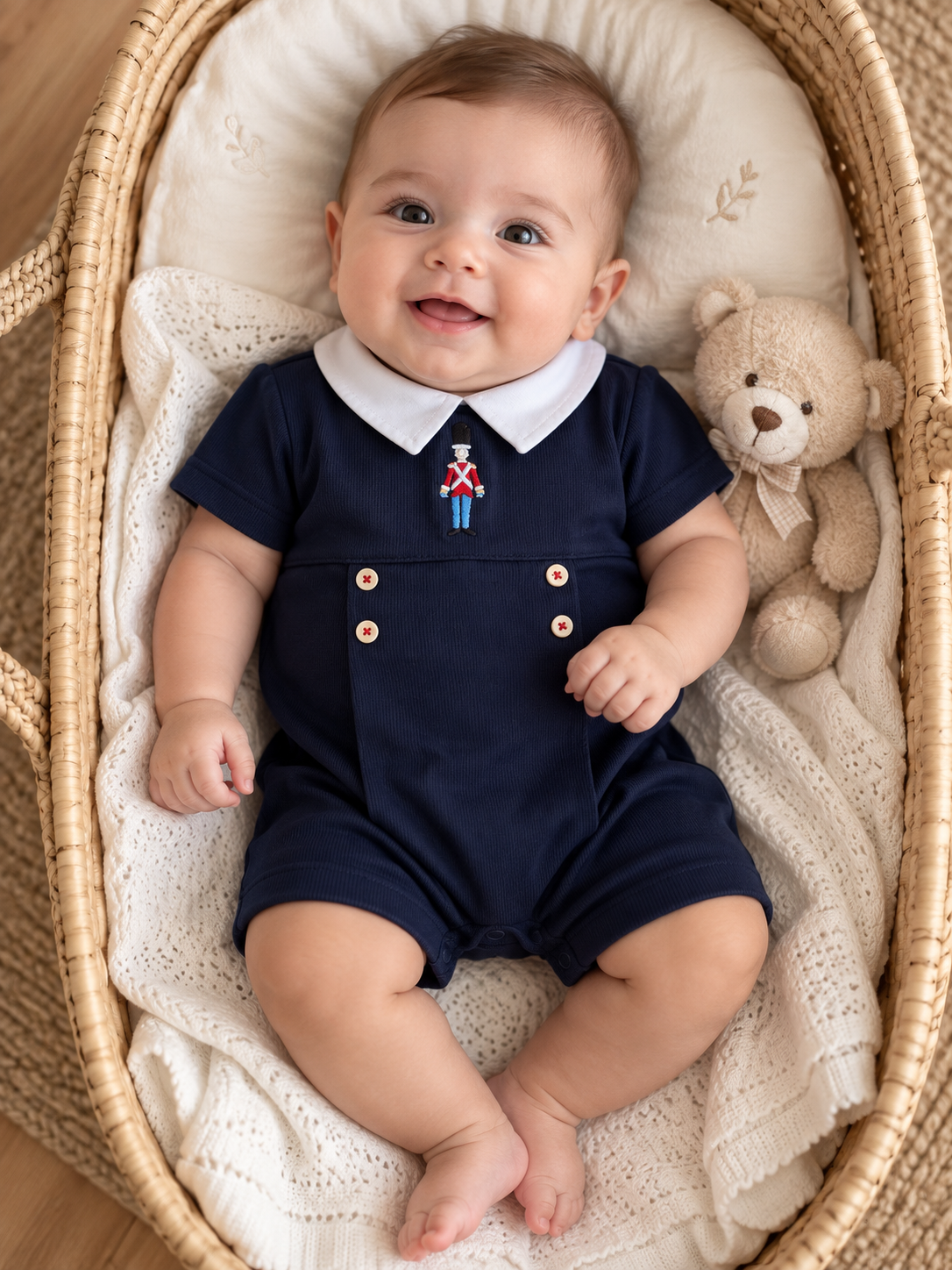 Romper de Tricotil com Bordado Soldadinho - Azul Marinho