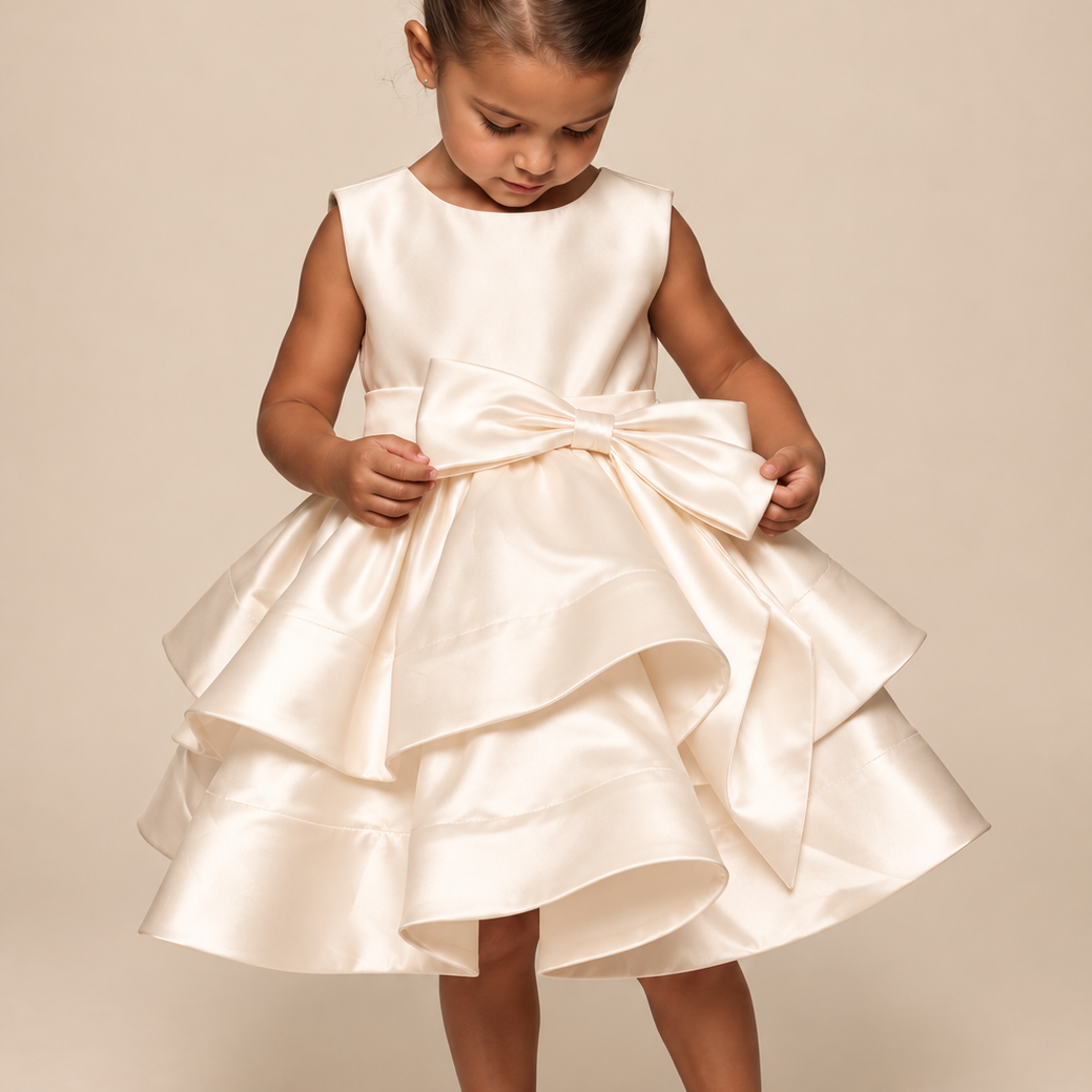 Vestido de Festa Infantil Cetim Saia Rodada Off White