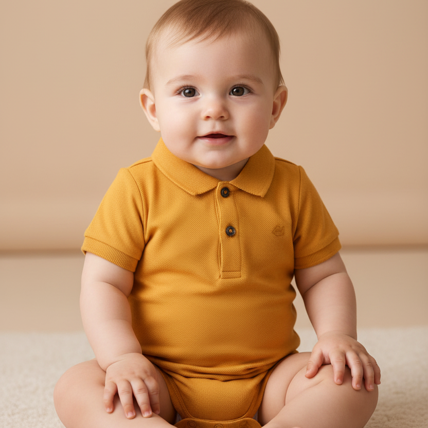 Body Polo Manga Curta Amarelo Damasco para Bebê - Suedine