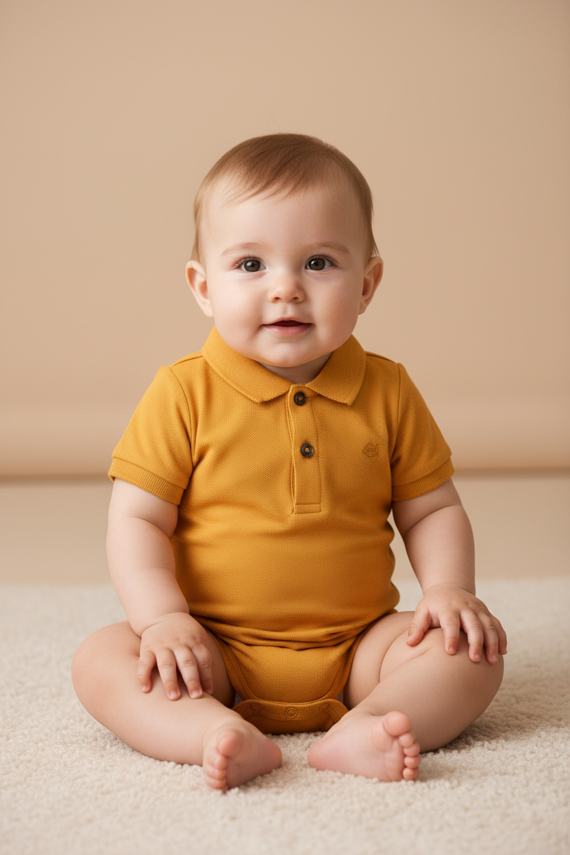 Body Polo Manga Curta Amarelo Damasco para Bebê - Suedine