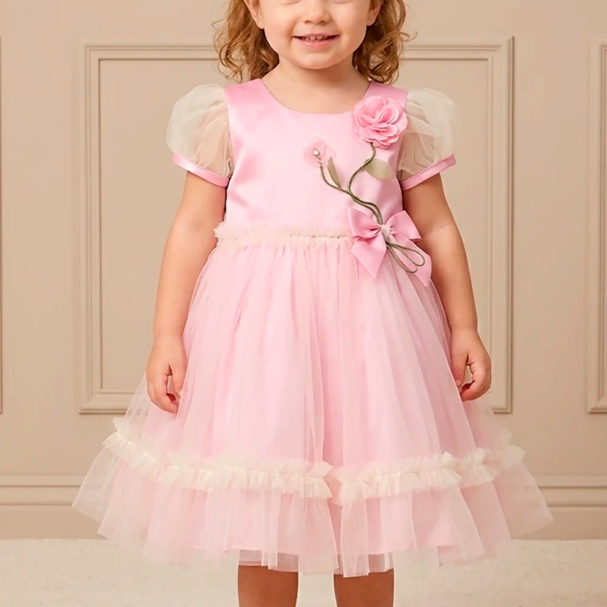 Vestido Infantil Festa Rosa com Manga de Tule — foto 1