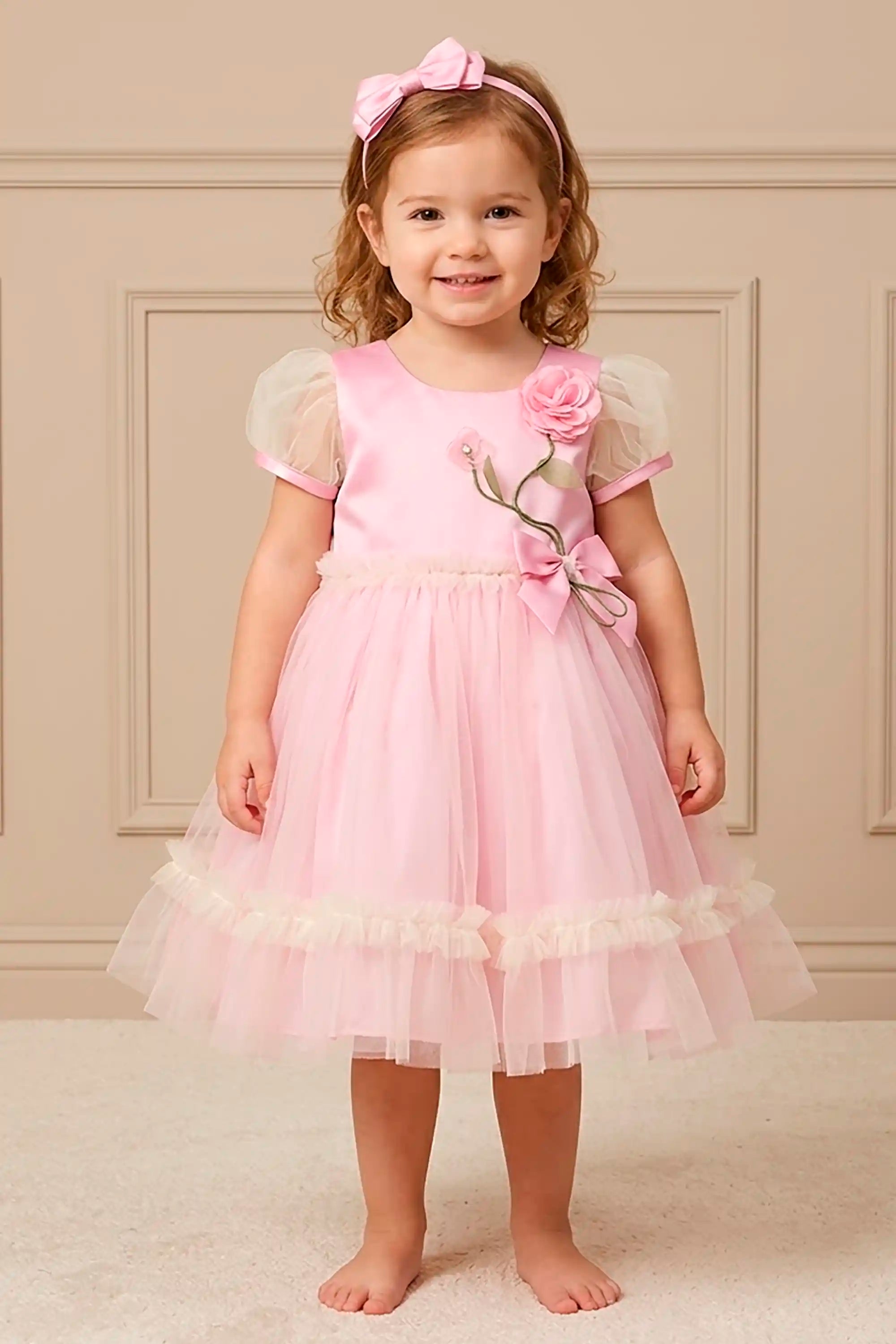 Vestido Infantil Festa Rosa com Manga de Tule — foto 1
