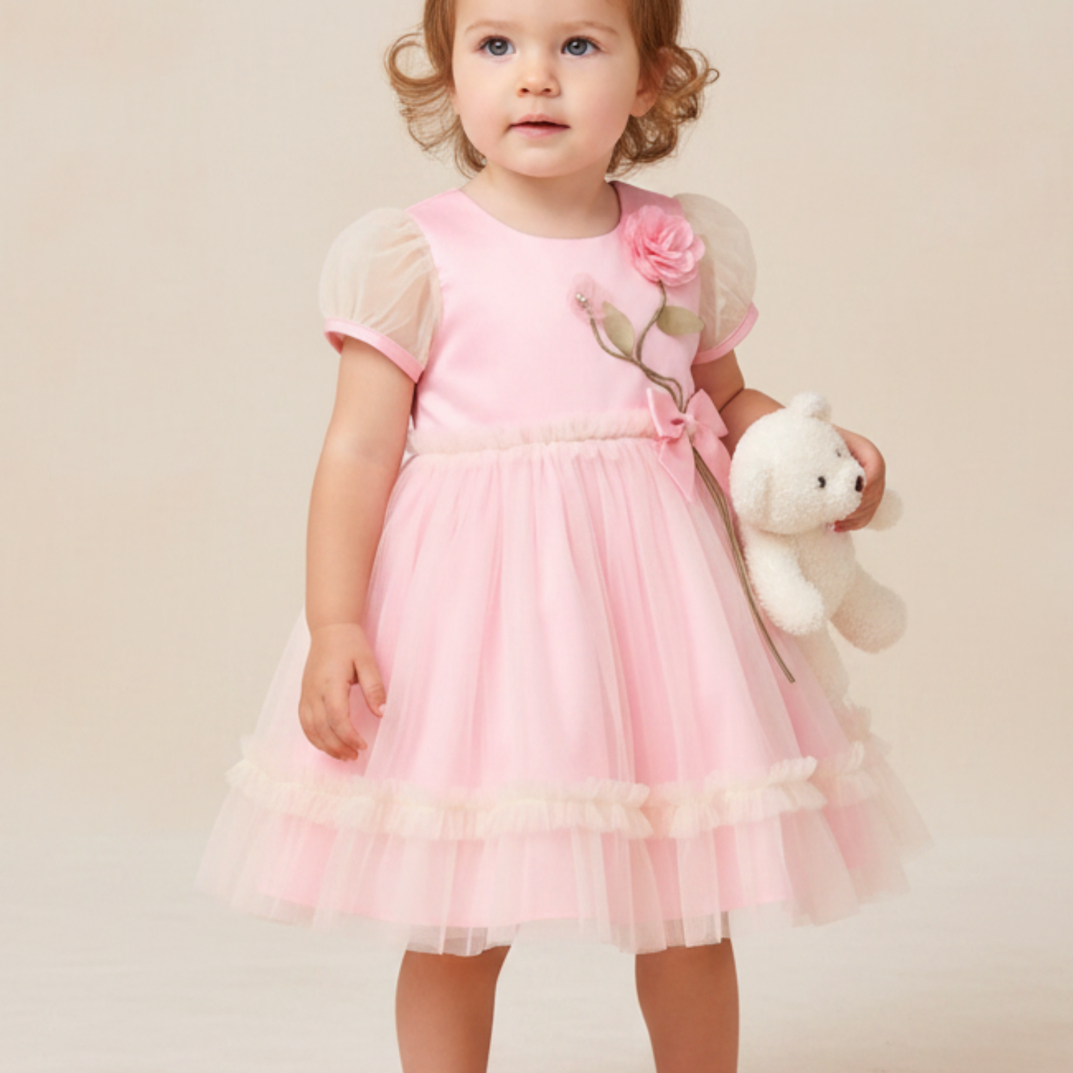Vestido Infantil Festa Rosa com Manga de Tule