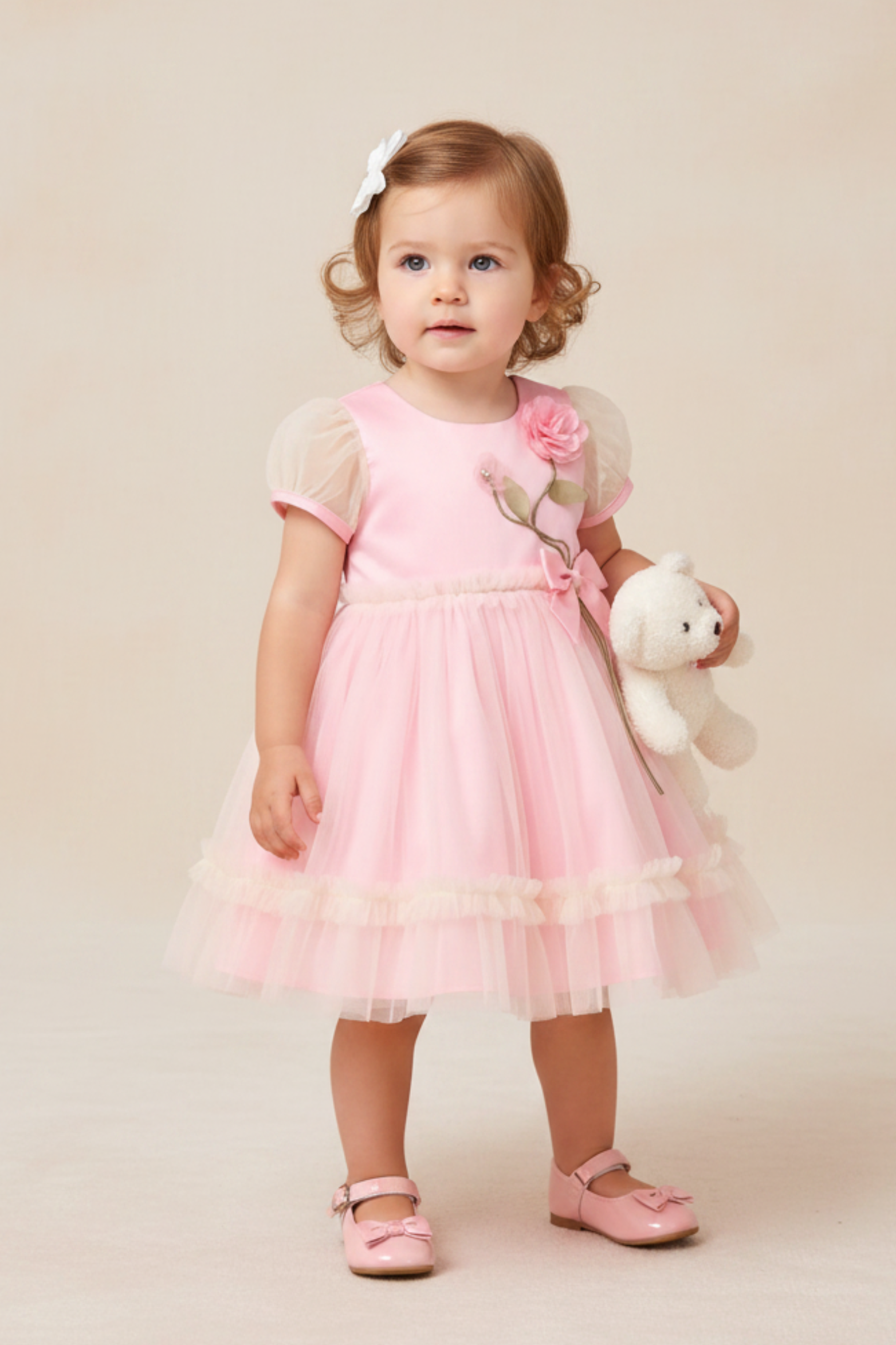 Vestido Infantil Festa Rosa com Manga de Tule