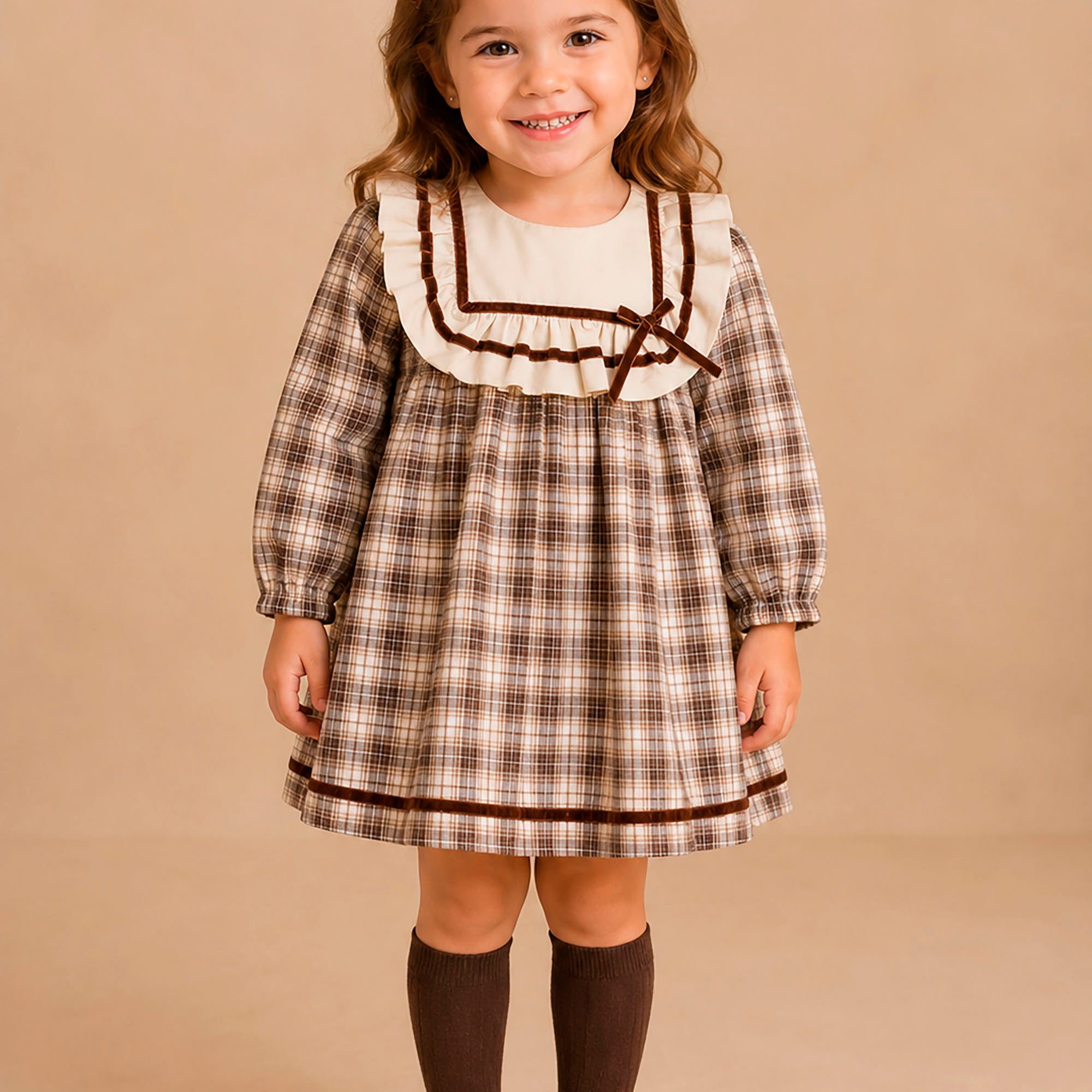 Vestido Infantil Xadrez Marrom com Maxi Gola