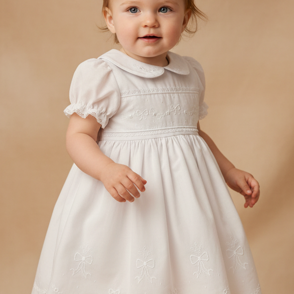 Vestido Bebê em Linho Festone Branco Foto 1