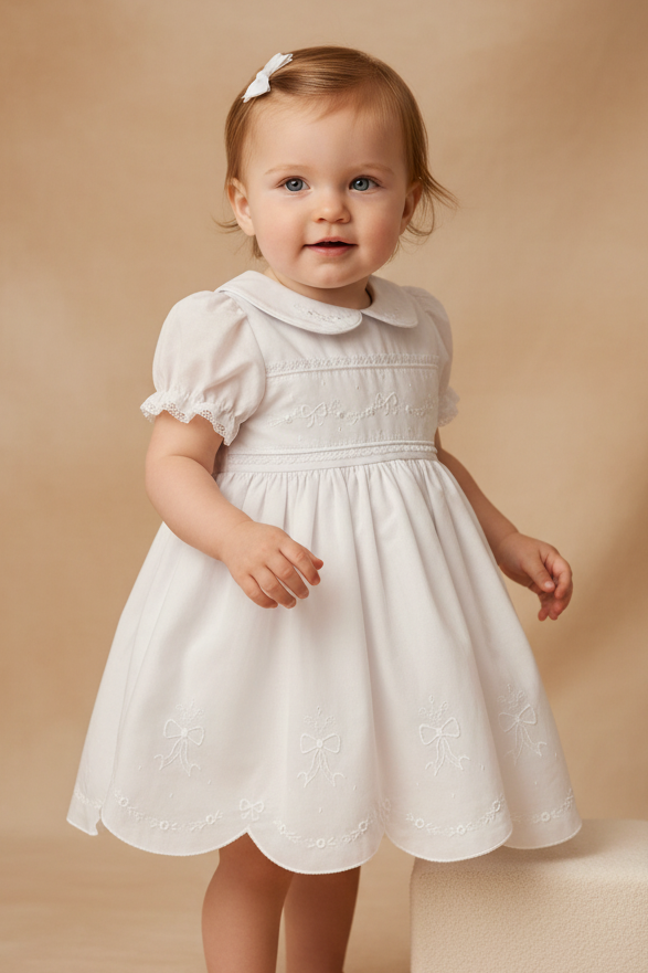 Vestido Bebê em Linho Festone Branco Foto 1