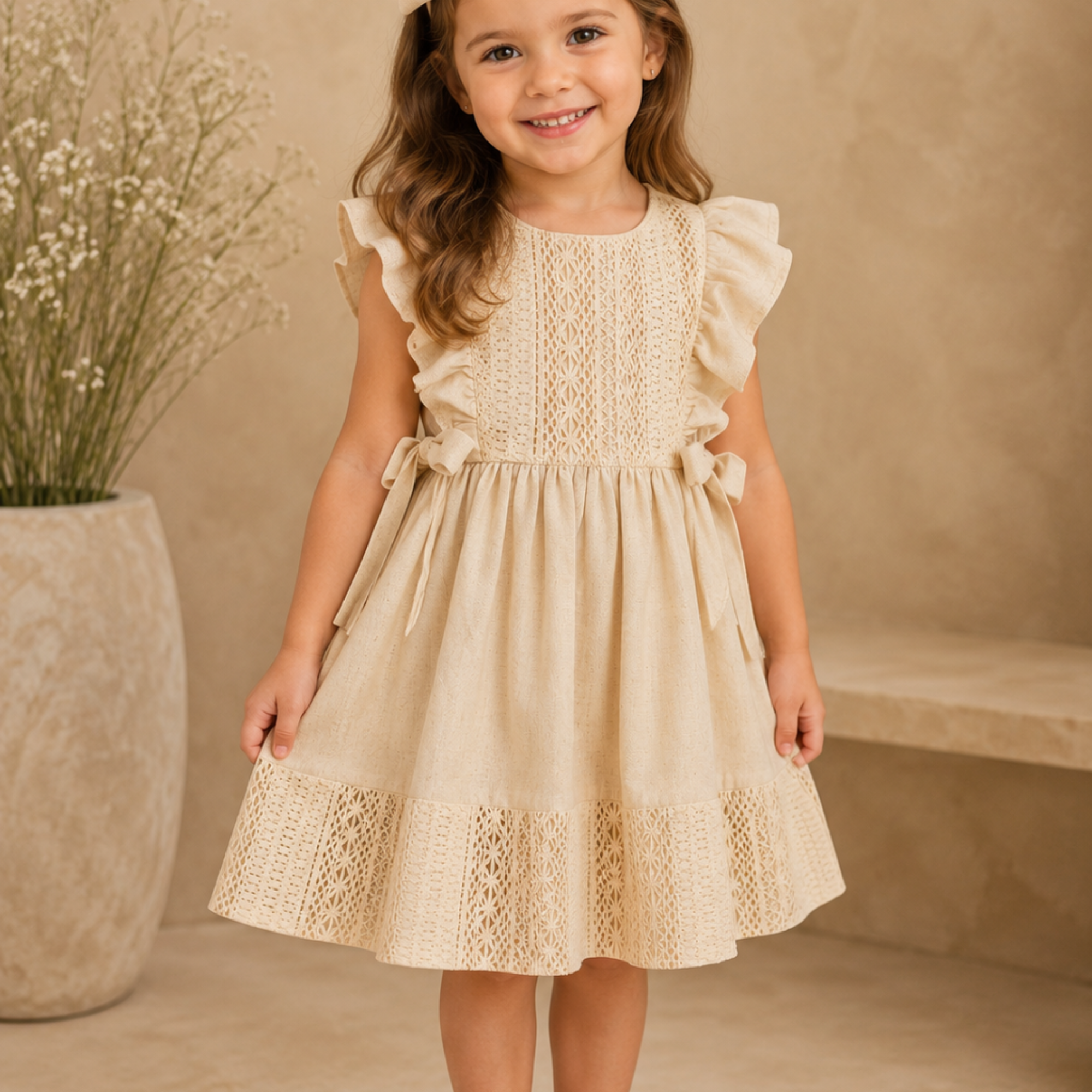Vestido Linho Bege com Renda Crochê 012655 foto 4