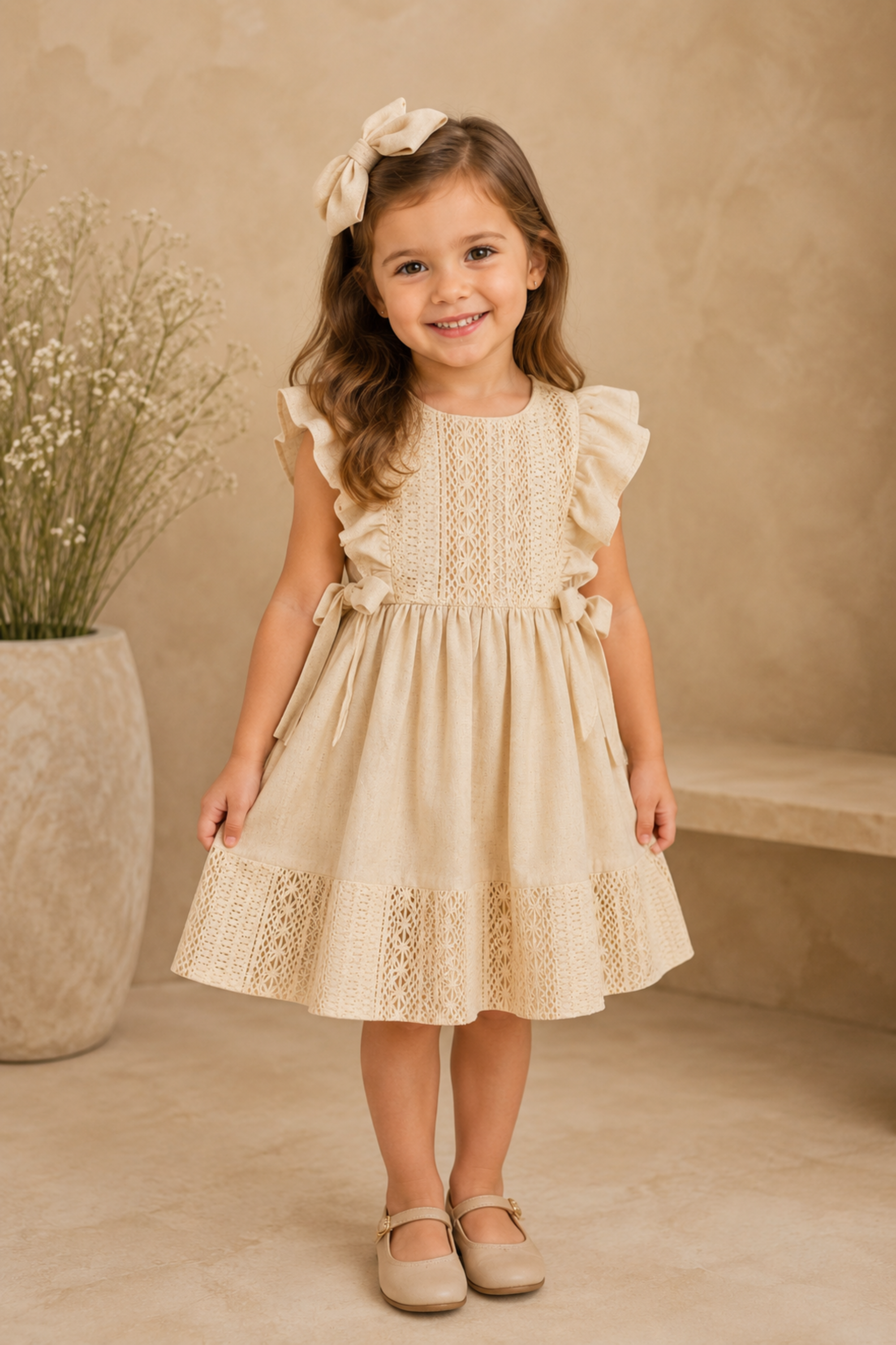 Vestido Linho Bege com Renda Crochê 012655 foto 4