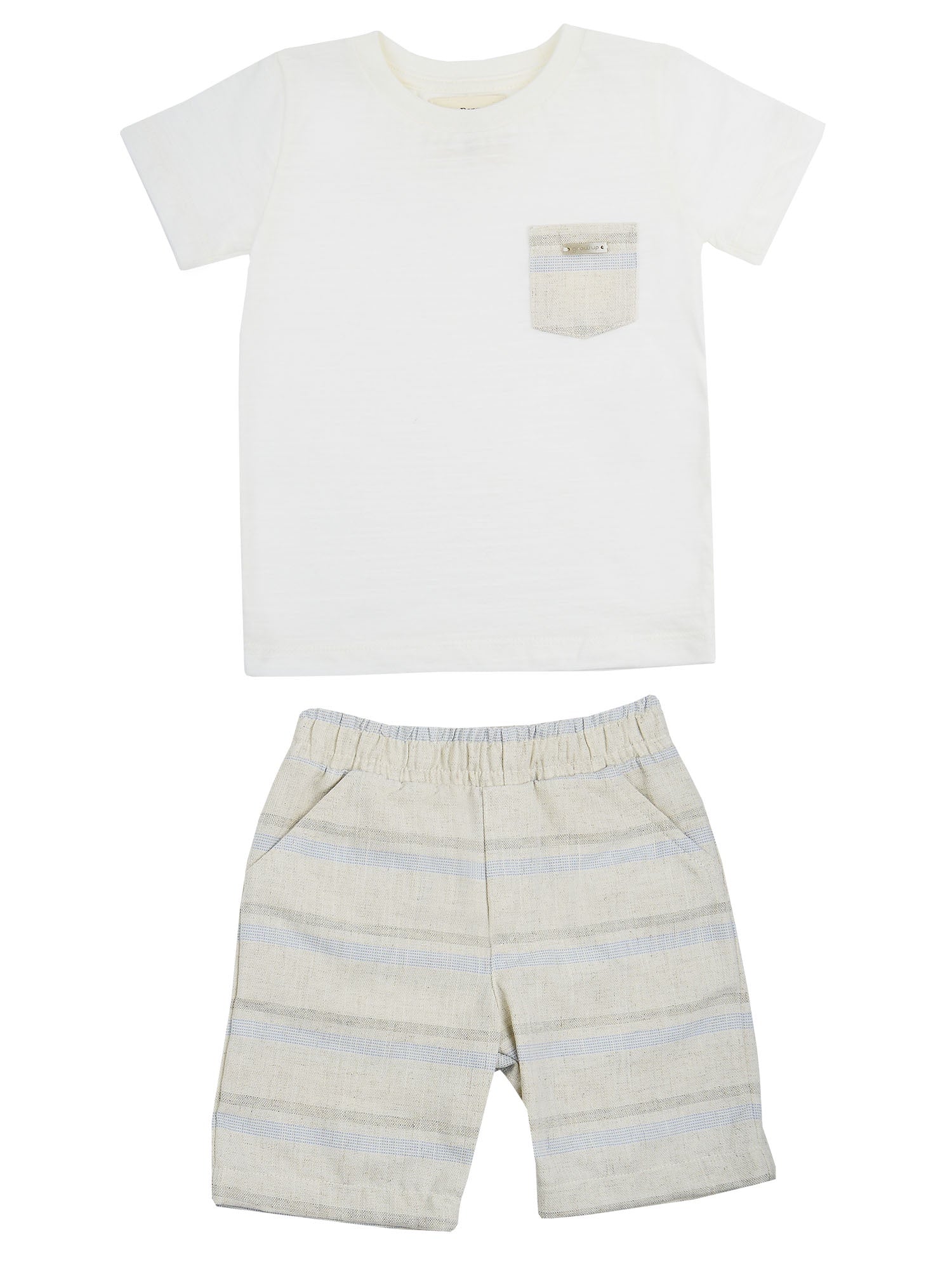 Conjunto Infantil Menino – Camiseta e Bermuda com Listras Tons Neutros