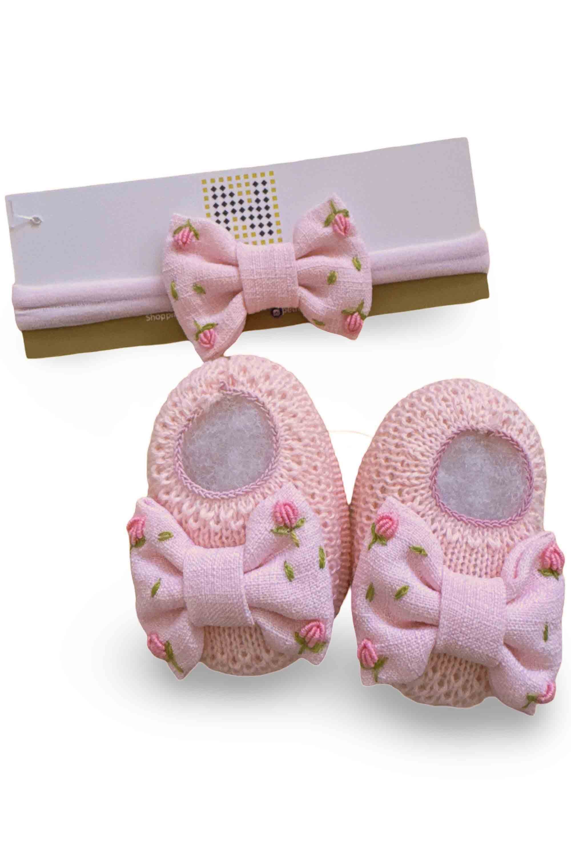 Kit Sapatinho Tricô Bordado e Faixa Rosa — foto 1