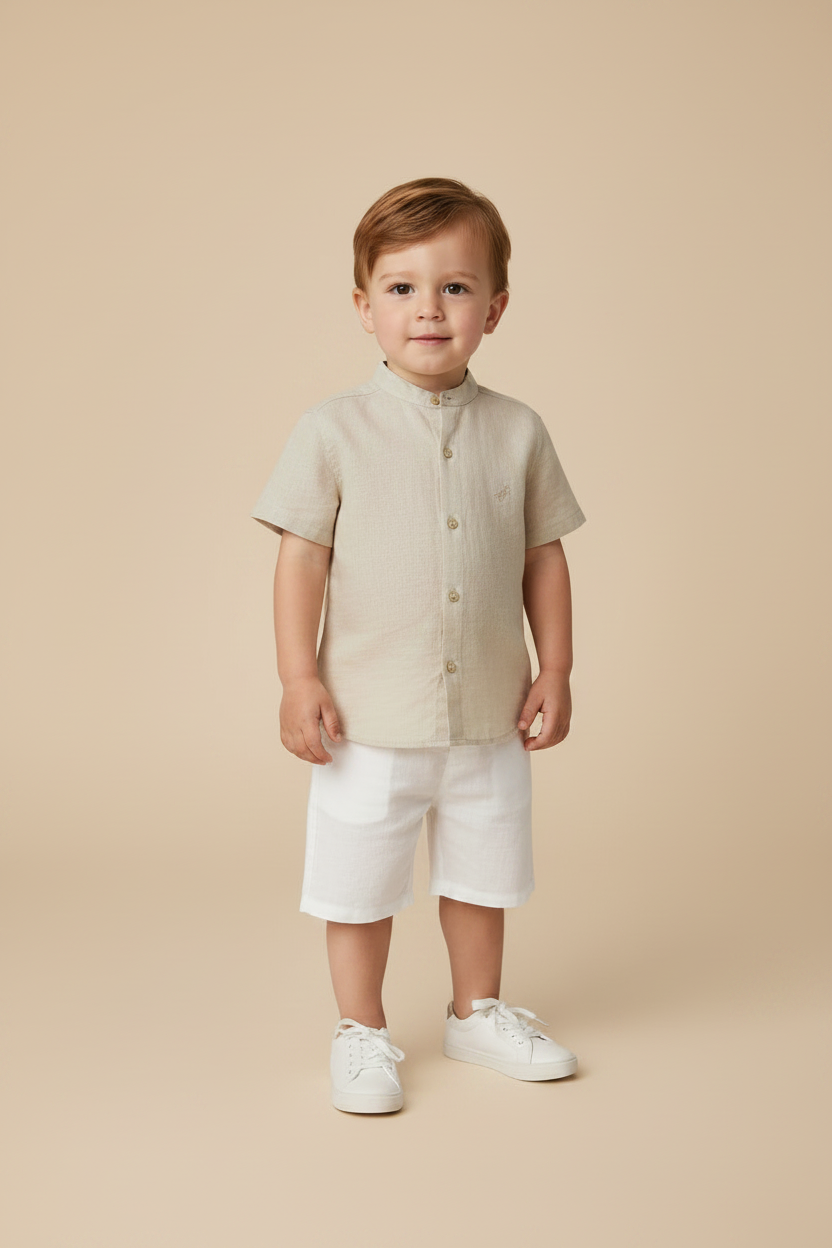 Bata Infantil em Linho Vietnã Manga Curta Bege Dame Dos