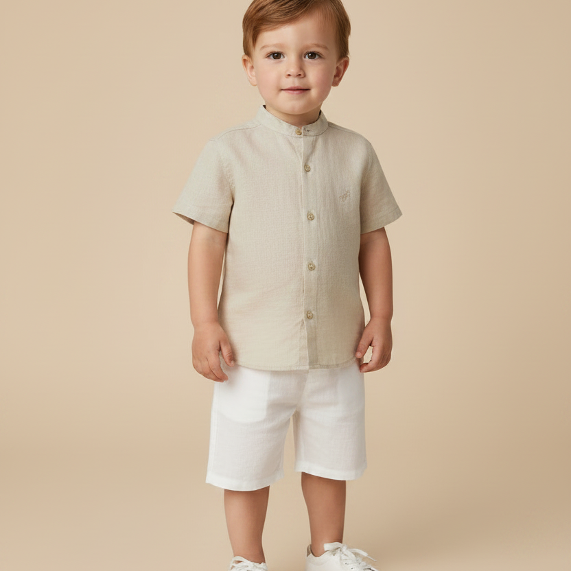 Bata Infantil em Linho Vietnã Manga Curta Bege Dame Dos