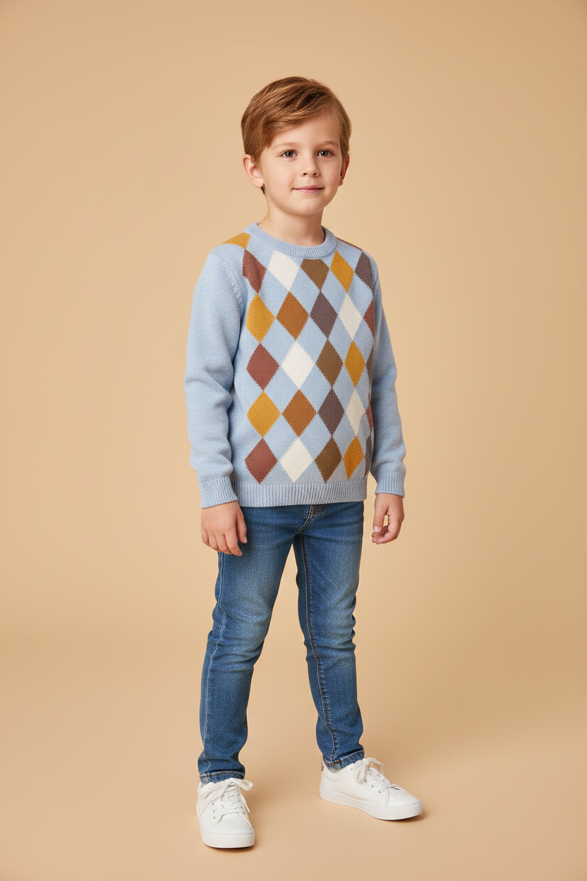 Blusa em Tricot Infantil Estampa Losangos Azul Bebê
