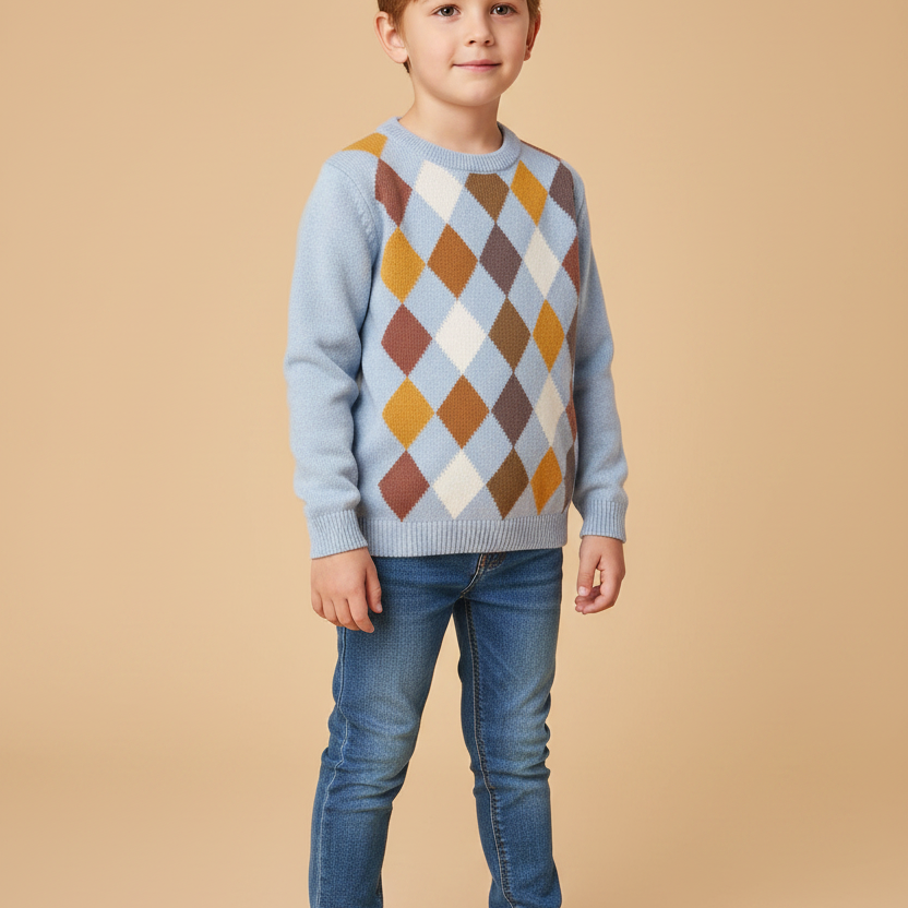 Blusa em Tricot Infantil Estampa Losangos Azul Bebê