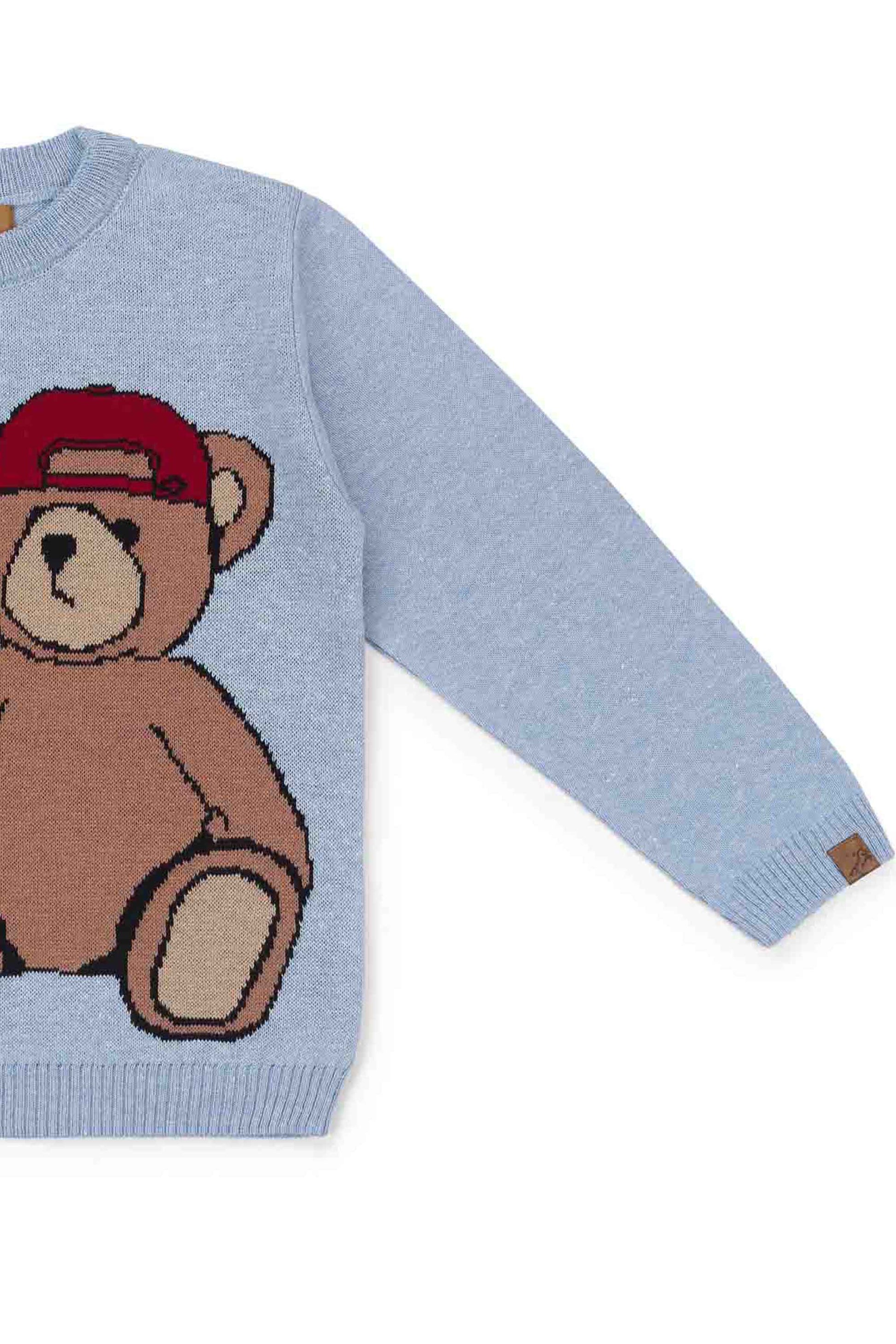 Malha em Tricot para Meninos Estampa Urso Boné Azul Claro — foto 4