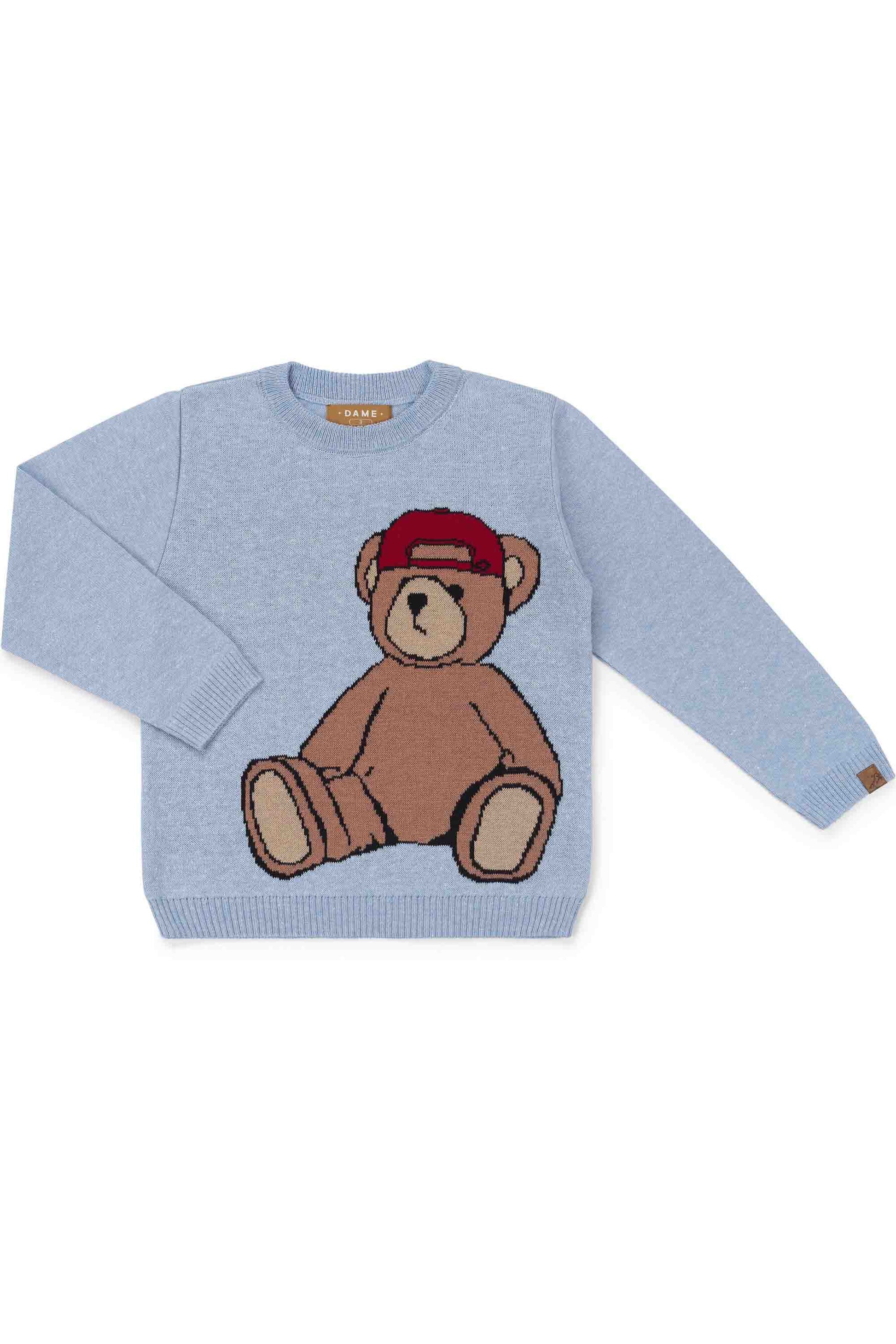 Malha em Tricot para Meninos Estampa Urso Boné Azul Claro — foto 3