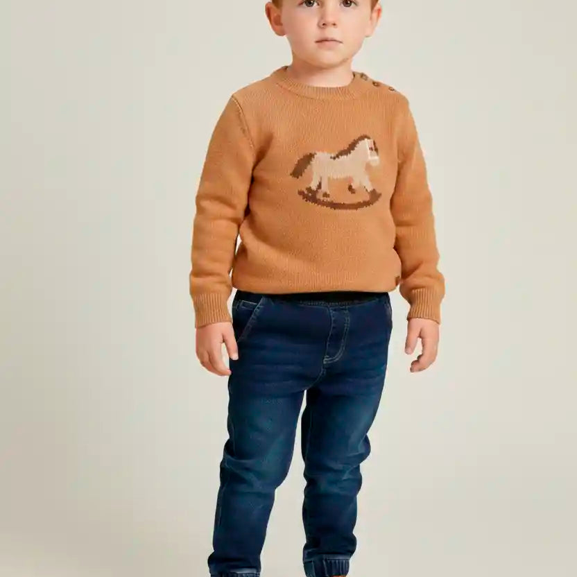 Blusão Infantil de Tricô Caramelo com Cavalo — foto 1