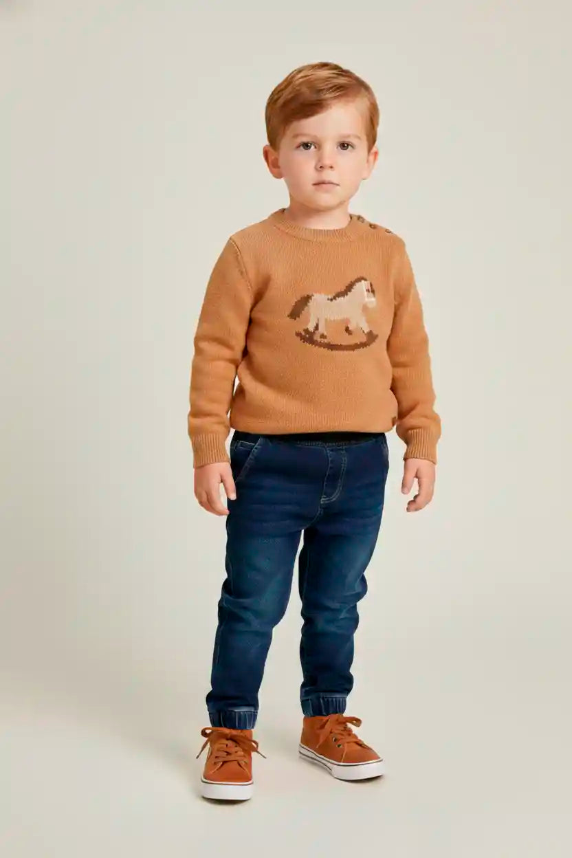 Blusão Infantil de Tricô Caramelo com Cavalo — foto 1