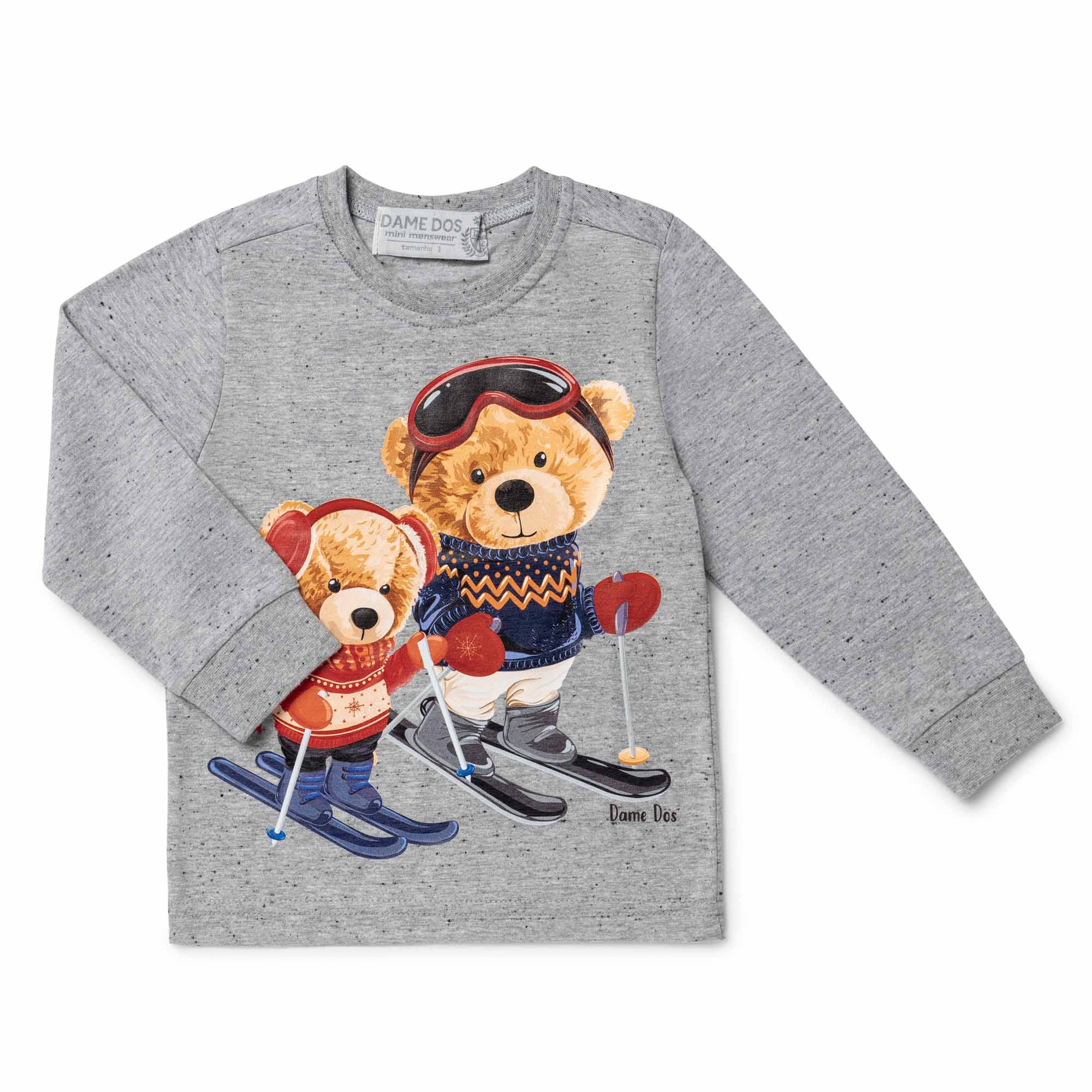 Camiseta Manga Longa Infantil com Estampa de Ursinho Esquiador Cinza Melange — foto 1