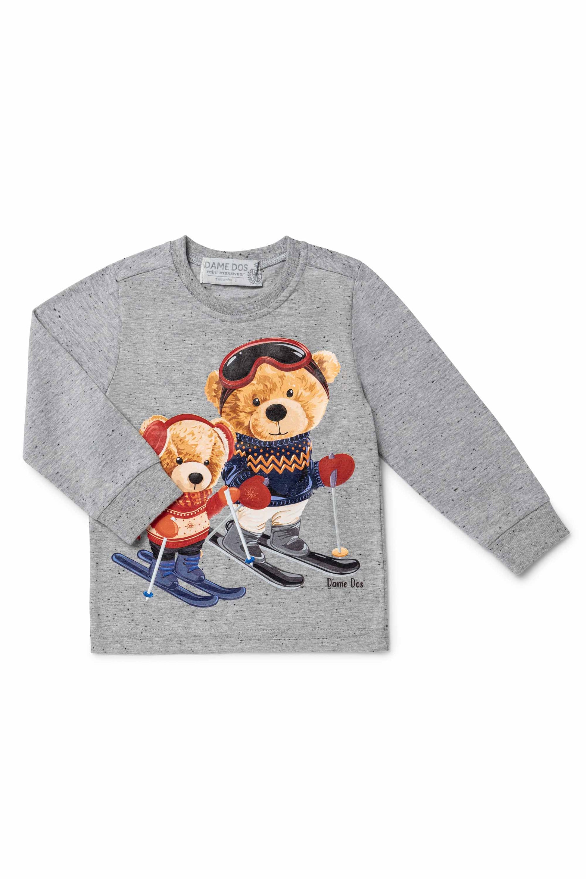 Camiseta Manga Longa Infantil com Estampa de Ursinho Esquiador Cinza Melange — foto 1
