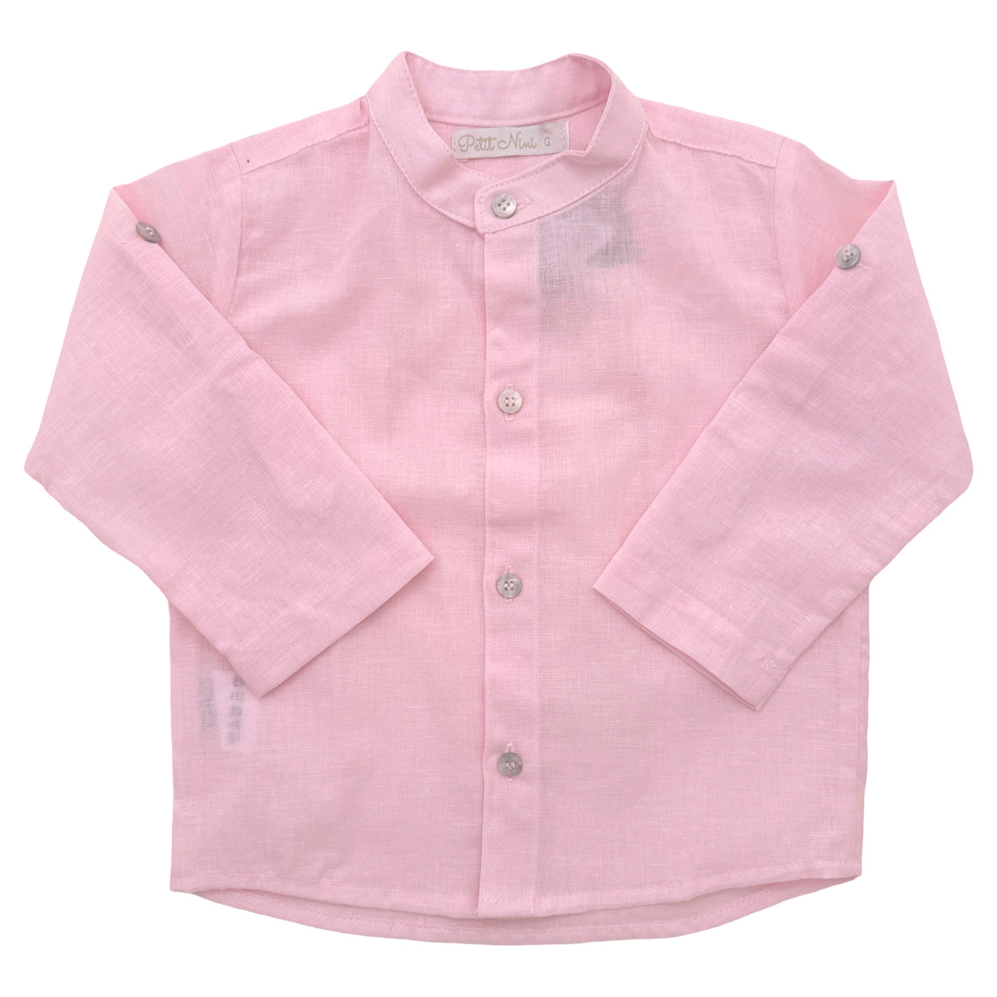 Camisa Infantil de Linho Rosa com Gola Padre e Mangas Longas — foto 1