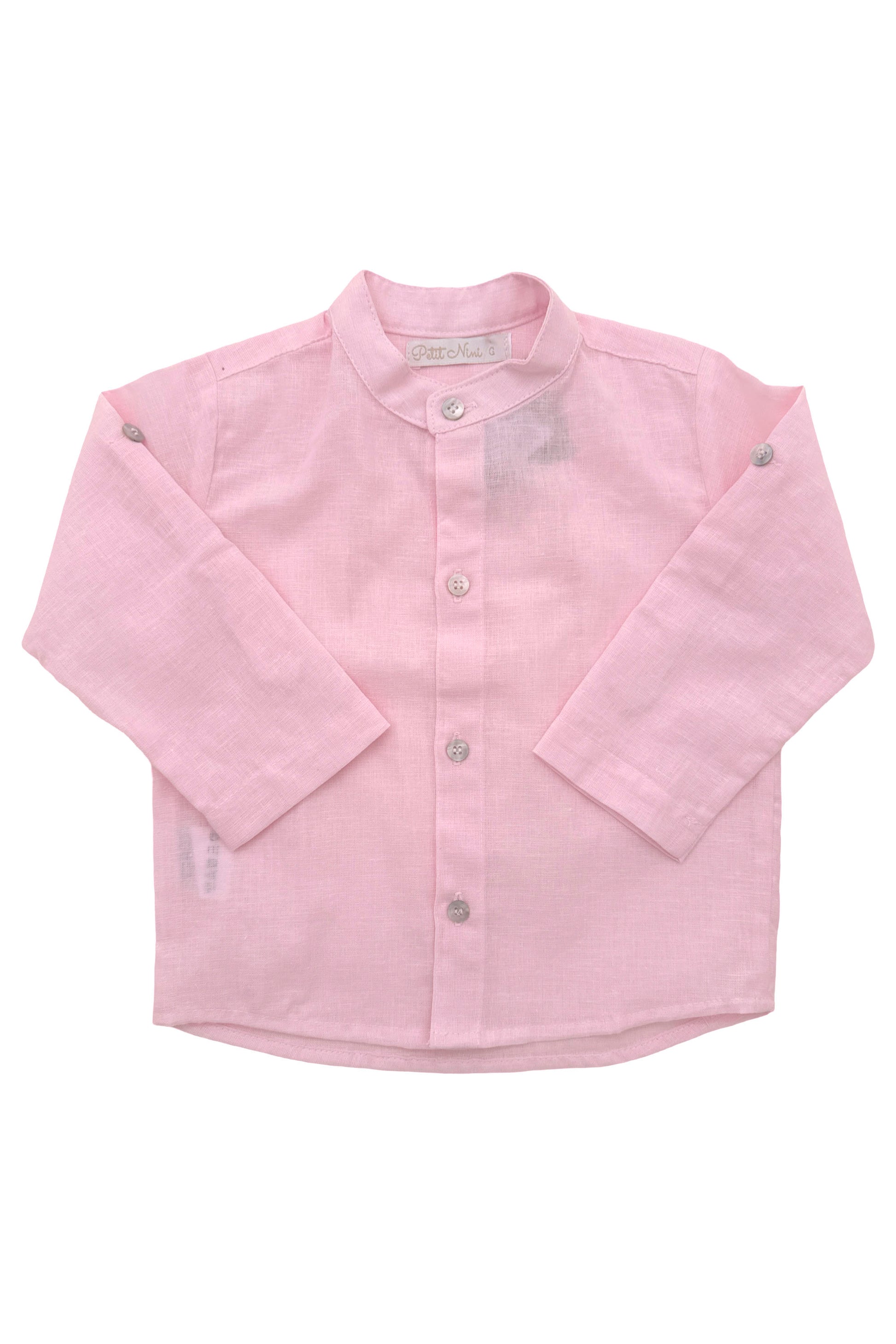 Camisa Infantil de Linho Rosa com Gola Padre e Mangas Longas — foto 1