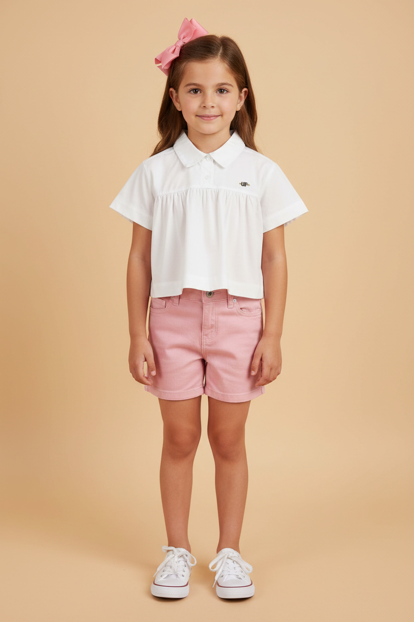 Bata Infantil Cropped Manga Curta em Tricoline Branca