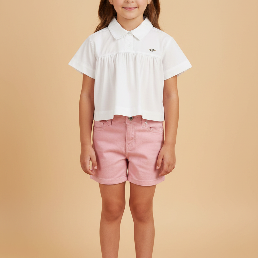 Bata Infantil Cropped Manga Curta em Tricoline Branca