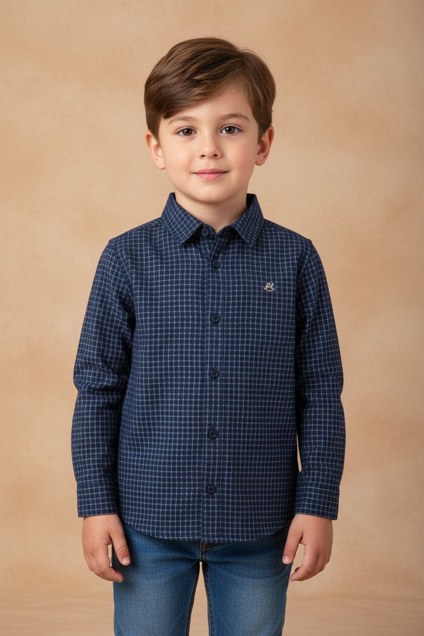 Camisa Infantil Xadrez Azul Manga Longa para Meninos