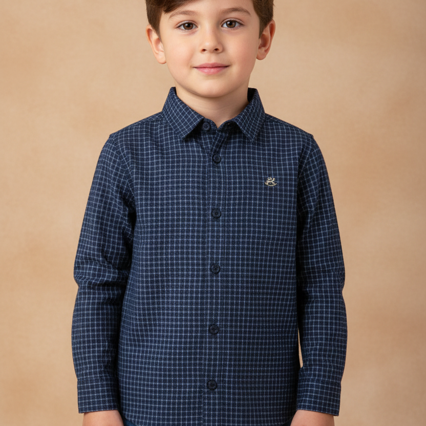 Camisa Infantil Xadrez Azul Manga Longa para Meninos
