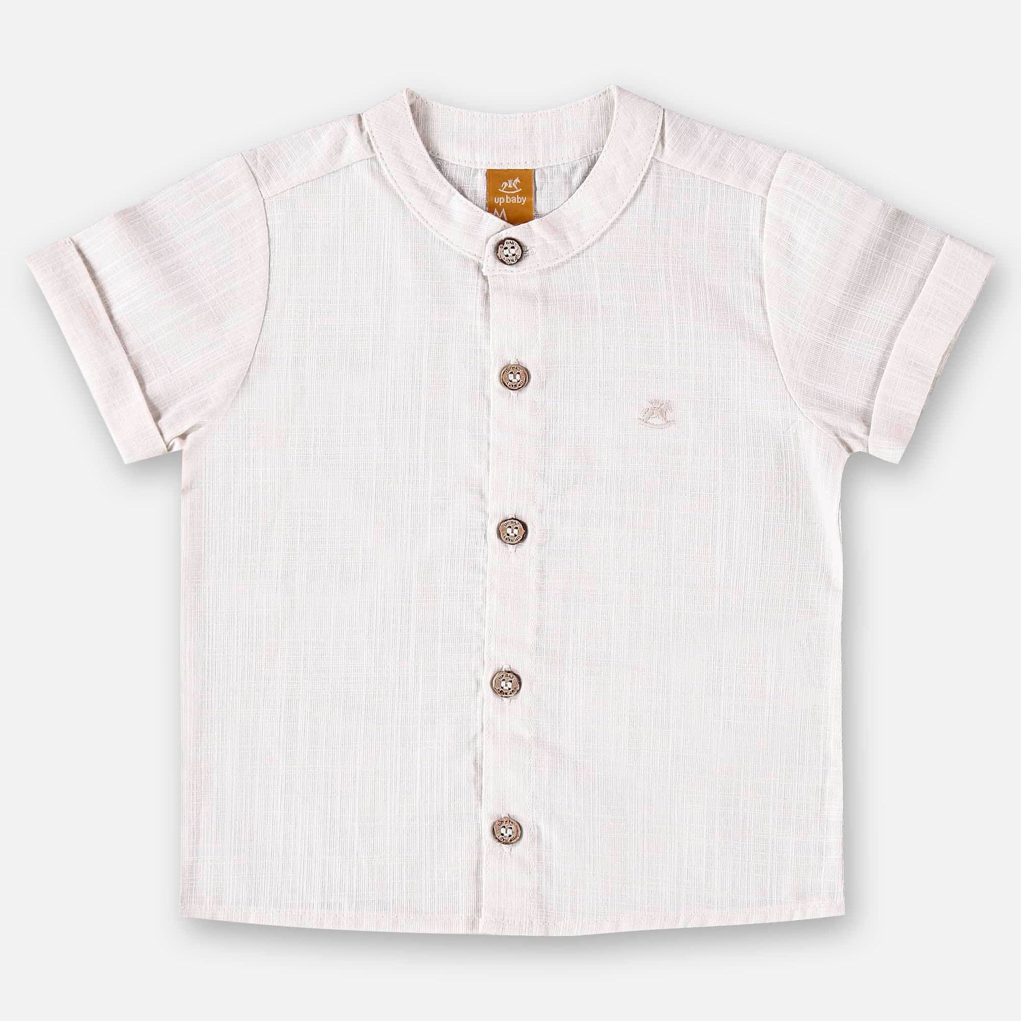 Camisa Infantil Masculina Manga Curta em Tecido Off White para Bebê — foto 1