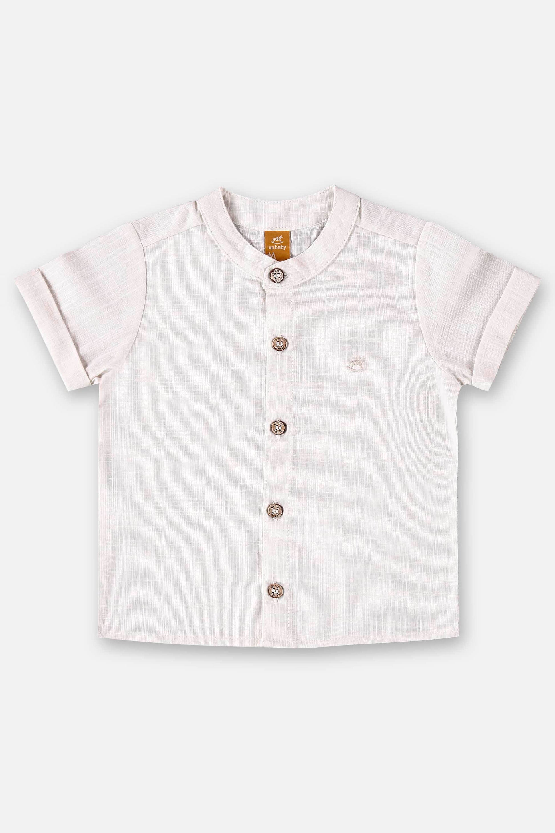 Camisa Infantil Masculina Manga Curta em Tecido Off White para Bebê — foto 1
