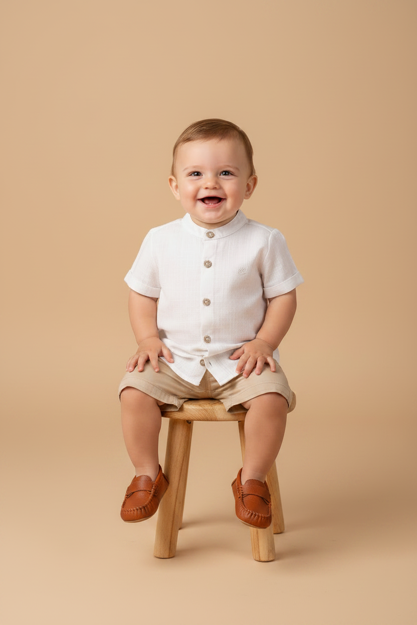 Camisa Infantil Masculina Manga Curta em Tecido Off White para Bebê