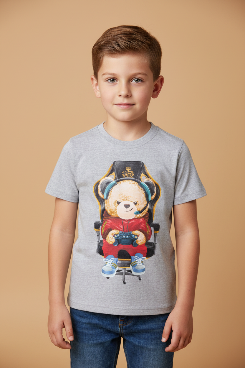 Camiseta Infantil Urso Gamer Cinza