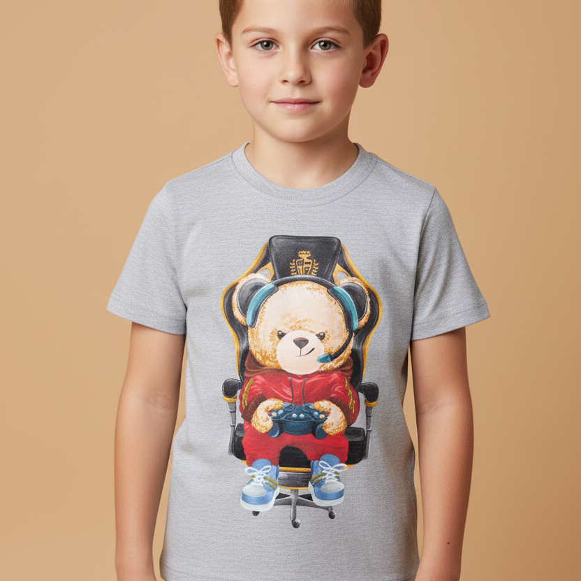 Camiseta Infantil Urso Gamer Cinza